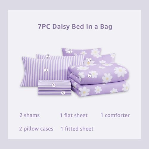 Full Size Purple Daisy Comforter Set for Girls - 7 Pieces Bed in a Bag, Pink & White Floral Bedding, Double-Sided Design, Soft & Cozy, AMBERSPACE
