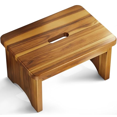 FANATU 9-Inch Wooden Bed Step Stool with Handle, Heavy Duty Acacia Bathroom & Kitchen Step