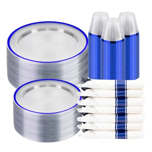 Blue Disposable Plastic Plate Set for 50 Guests - 350 Pieces