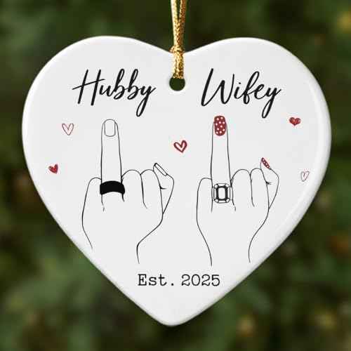 Wedding Gifts for Couples 2025 ? Hubby & Wifey Ceramic Christmas Ornament, First Christmas Married Keepsake