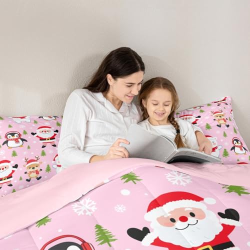 Feelyou Santa Claus Christmas Comforter Set Twin 2 Pcs - Pink/Red/White