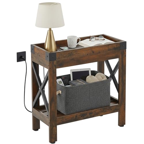 Rustic Brown Narrow End Table with Outlets & USB Charging - Industrial Style, 21.7"