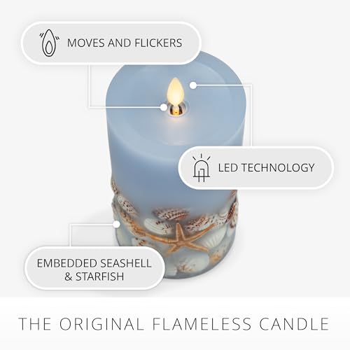 Luminara 6.5 Inch Unscented Flameless Candle with Moving Flame - Coastal Seashell & Starfish Chambray
