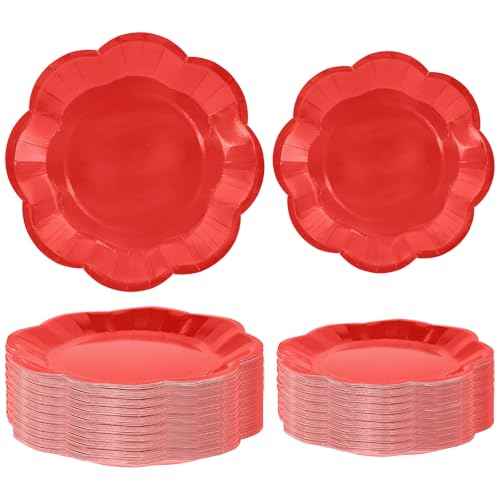 50 Pcs Red Paper Plates 25 ¡¿ 7'' and 25 ¡¿ 9'' Disposable Scalloped Red Dinner Plates Cute Party Plate for Birthday, Christmas, Picnic