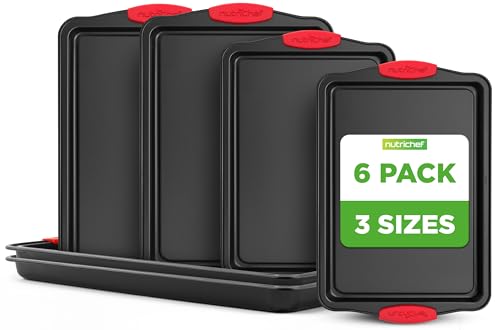 NutriChef 3-Piece Nonstick Kitchen Oven Baking Pans - Premium & Stylish Non-Stick Steel, Commercial Grade Restaurant Quality Metal Bakeware with Red Silicone Handles - Easy to Clean, NCSBS3S