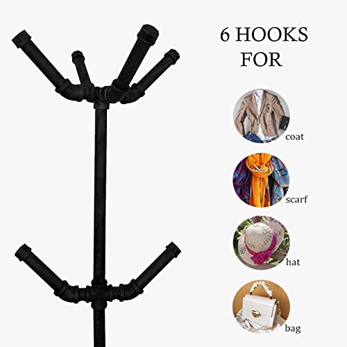 Black Industrial Coat Rack with 6 Hooks - Freestanding Metal Pipe Stand