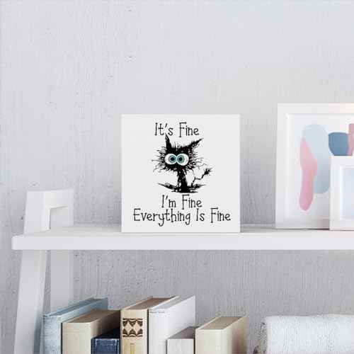 Funny Office Decor Funny Black Cat It's Fine I'm Fine Everything is Fine Wood Box Sign Desk Decoration Cat Desk Accessories Gift for Colleague Gifts Decoration Sign for Office