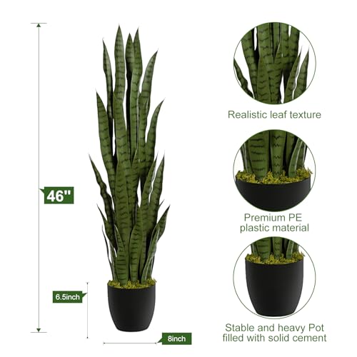 4ft Artificial Snake Plant - 46in Faux Sansevieria Indoor Outdoor Decor - Green 1Pcs