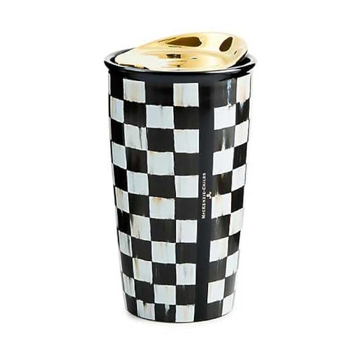 Ceramic Travel Mug with Lid - Black & White Courtly Check Pattern - Reusable Hot and Cold Cup