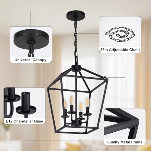 Black Farmhouse 4-Light Chandelier Ceiling Light Fixture with Adjustable Chain
