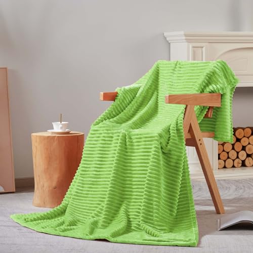 Bnuitland Light Green Flannel Throw Blanket, 300GSM Super Soft Fleece Stripe Pattern Sofa Blanket for Babys and Kids, Lightweight Cozy Bed Throw for Home Decor All Season