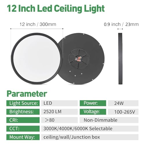 Black 12-Pack LED Flush Mount Ceiling Light - 24W, 2520LM, 3CCT, Slim & Waterproof