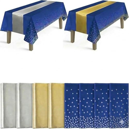 Idrese 8-Pack Tablecloths + 2 Blue Gold Satin Runners Set - 54x108in Plastic Table Cover