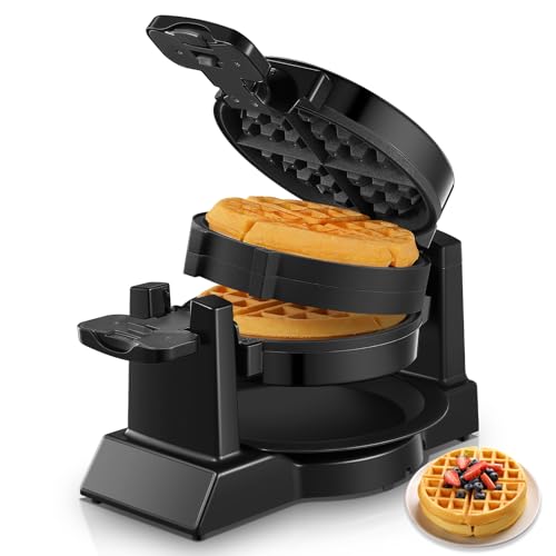 FOHERE Black Double Belgian Waffle Maker 180° Flip, 8 Slices, 1400W
