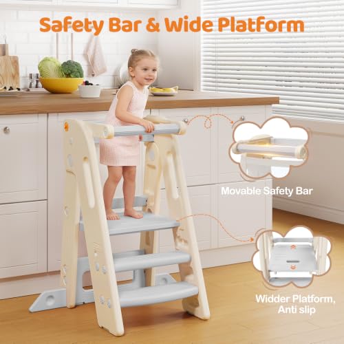 Onasti Foldable Toddler Kitchen Helper Tower - Adjustable Height Safety Stool, Gray