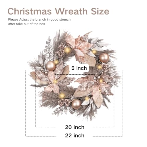 22-Inch Champagne Gold Christmas Wreath with Ornaments for Front Door