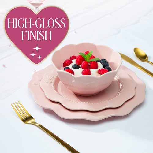 Paris Hilton Pink Embossed Bow 12-Piece Dinnerware Set for 4 – Ceramic Stoneware, Microwave & Dishwasher Safe