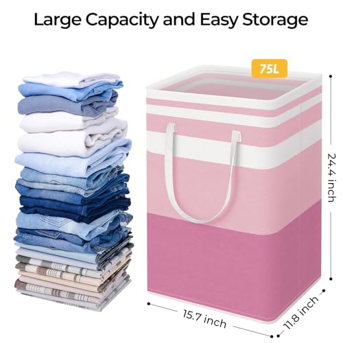 HomeHacks 2 Pack Large 75L Collapsible Laundry Baskets with Reinforced Handles, Waterproof Fabric - Blue + Pink
