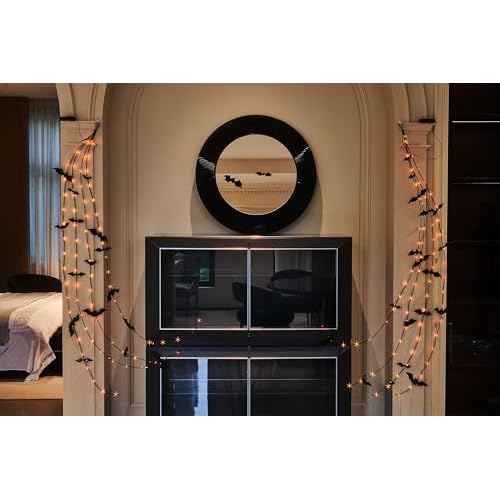 LITBLOOM Halloween Garland with Lights 6FT 80 Orange and Warm White Fairy Lights, Lighted Black Garland Battery Operated with Timer Lit Bats for Wall Porch Decoration