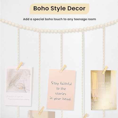 Macrame Hanging Photo Display Boho Wall Decor with String Lights Wooden Beads Garland Picture Frame Collage Holder with 30 Clips for Room, Bedroom, Dorm, Christmas Teenage Teen Girl Gifts (Beige, Medium)