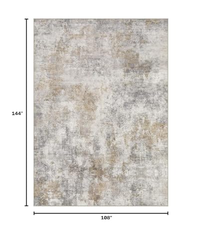 Light Brown Grey 9x12 Washable Abstract Area Rug - Non-Slip Living Room Carpet