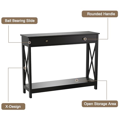 Treocho Black Console Table with Drawer & Shelves - 40.1" Wide Entryway Sofa Table