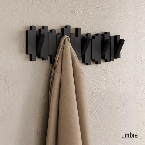 Umbra Sticks Wall Mount Coat Rack Black, 5 Flip-Down Hooks - Modern Home Organizer