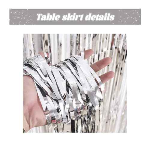 2 Pack 29.5x72 Inch Metallic Foil Fringe Tinsel Table Skirts Tinsel Backdrop Curtains for Rectangle Tables Parade Floats Mardi Gras Party(Silver)