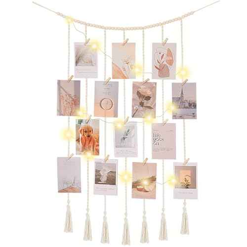 Macrame Hanging Photo Display Boho Wall Decor with String Lights Wooden Beads Garland Picture Frame Collage Holder with 30 Clips for Room, Bedroom, Dorm, Christmas Teenage Teen Girl Gifts (Beige, Medium)