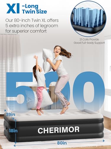 CHERIMOR Twin XL Air Mattress with Built-in Pump, 18 Inch Honeycomb Support, Black