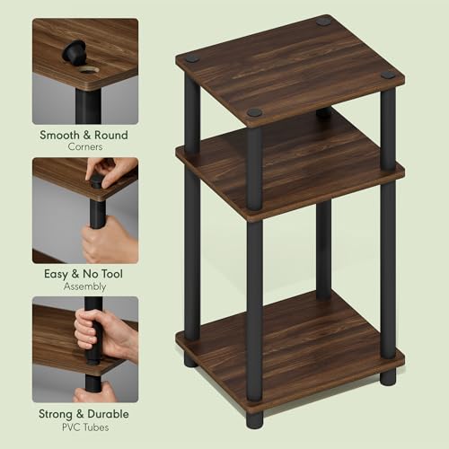 Furinno 3-Tier Side Table Set - Columbia Walnut Black, 2-Pack, Round Tubes