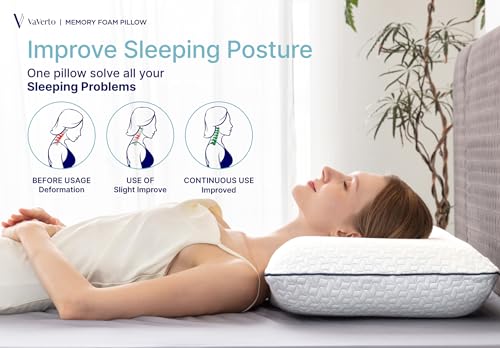 Vaverto King Size Memory Foam Pillow Pack of 2 - Firm, Orthopedic Support, Cooling Gel, White