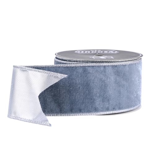 DINDOSAL Dusty Blue Velvet Wired Ribbon 2.5 Inch x 10 Yards - Silver Back
