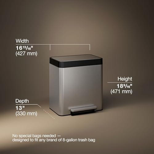 Kohler 20942-ST 8 Gallon Compact Hands-Free Stainless Steel Trash Can with Foot Pedal