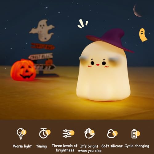 Ghost Night Light, Halloween Decor Cute Kids Night Light Magician Lamp Silicone Nightlight Rechargeable Table Lamp Dimmable Nursery Baby Nightlights Room Decor Christmas Halloween Gifts Cool Gadgets
