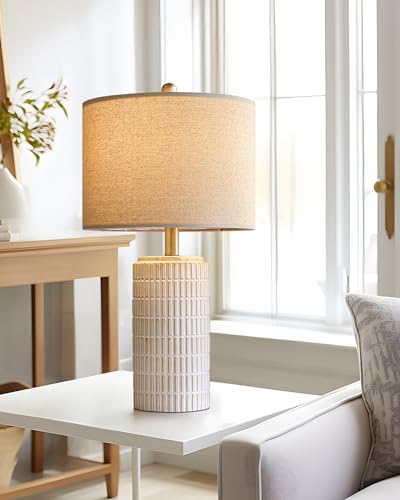 PoKat 23'' Bedside Table Lamp for Bedroom Nightstands - Beige & White