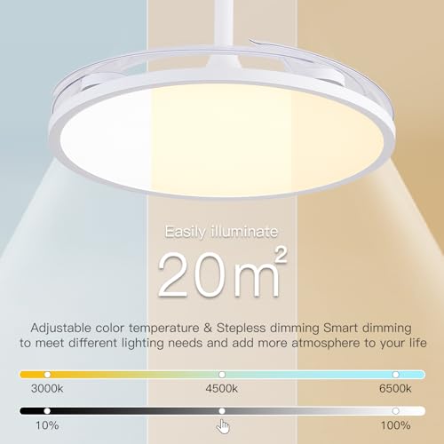 AHAWILL Retractable Ceiling Fan with Lights & Remote - 42'' White Modern Bladeless Fan with Dimmable Full Spectrum LED & Timer