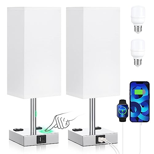 Aooshine Dimmable Touch Table Lamps Set of 2 with USB-C+A & Outlets, White Shade - Silver Base