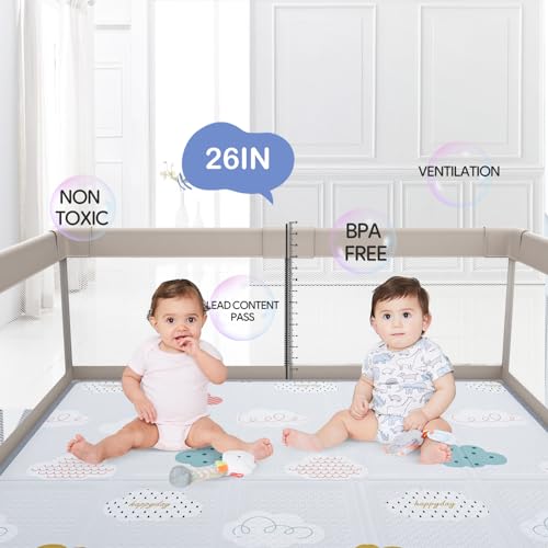 Baby Playpen with Mat - 59x59in Safety Play Yard for Toddlers, Grey