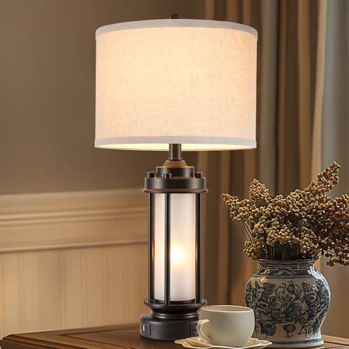 2 Pack Modern Bedside Table Lamps with USB Charging Ports - Black & White