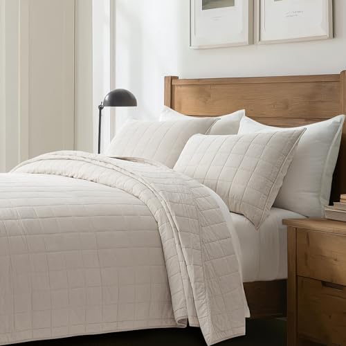 Queen Size Cotton Quilt Set with Box Stitch Design - Birch, 100% Cotton, Soft & Breathable