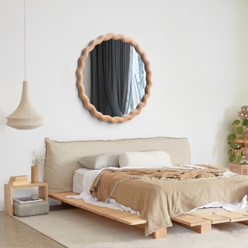 24-Inch Light Brown Wooden Wall Mirror with Scalloped Wavy Frame - Bathroom & Nursery Decor