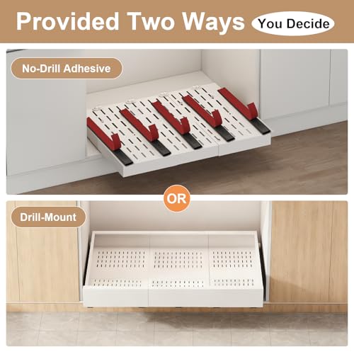 Fokyfok Expandable Pull Out Cabinet Organizer - White, 23-31W x 17-24D, Adhesive Shelves