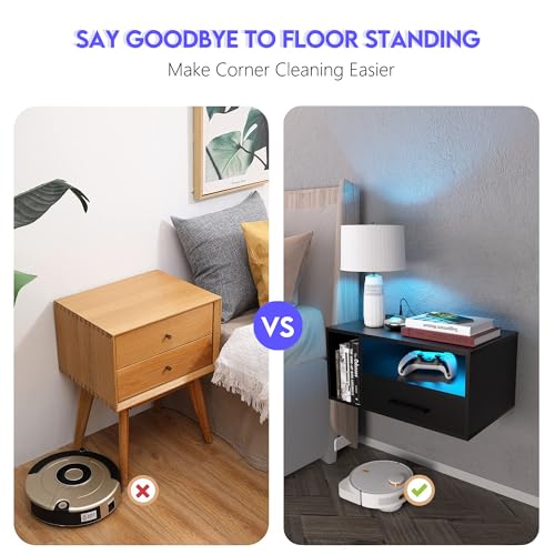 Homaterial Floating Nightstand with Charging Station & Lights, Black