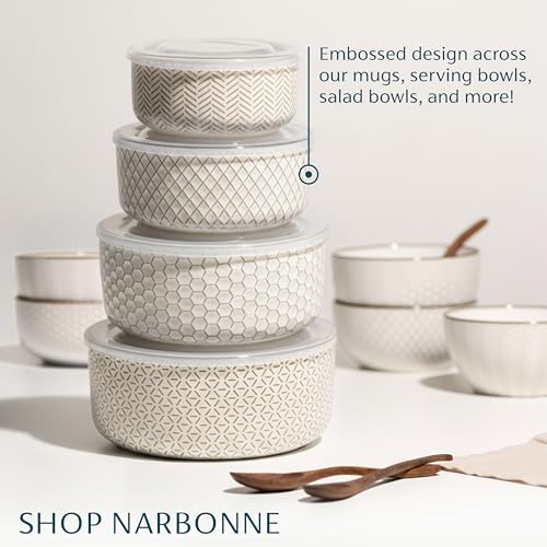 KooK 70 Oz Ceramic Nesting Bowls with Lids - Embossed Stoneware, Set of 4 Ivory