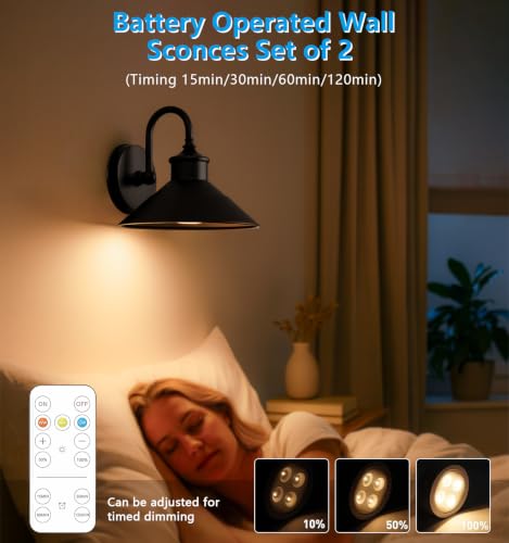 Battery Operated Wall Sconces Set of 2 - 9.5 Inch, 3 CCT Modes, Dimmable, Remote Control, Vintage Black
