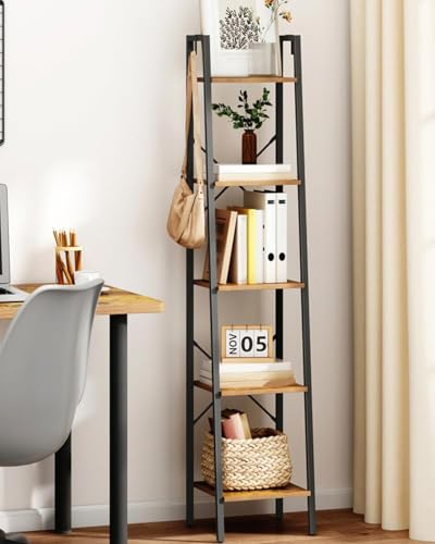 Rustic Brown Ladder Shelf - 5-Tier Freestanding Corner Bookshelf, 11.8"D x 13.4"W x 63"H