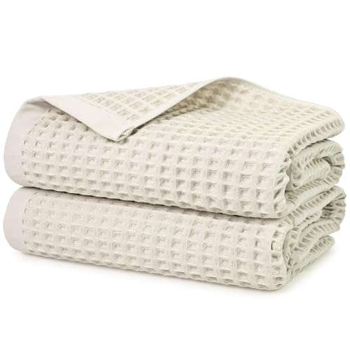 Jacquotha Mist White Waffle Cotton Bath Towels Set of 2 - Quick Dry, Large, Low Lint