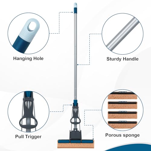 TreeLen Blue Sponge Mop for Floor & Wall Cleaning, Heavy Duty 50" Self-Squeeze Roller with 4 Cellulose Refills