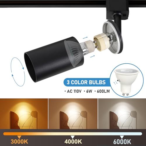 Black 3-Color Dimmable LED Track Lighting Kit with 6 Heads & Rails